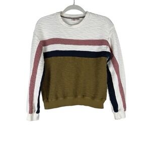 Faherty Vista Olive Cream Striped Pullover French Terry Sweatshirt Womens Small